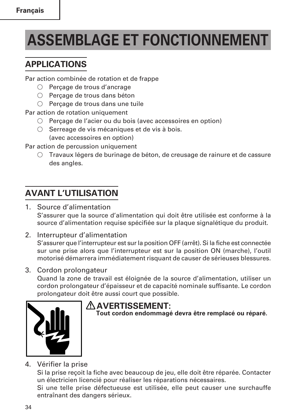 Assemblage et fonctionnement, Applications, Avant l’utilisation | Avertissement | Hitachi DH 30PC User Manual | Page 34 / 76
