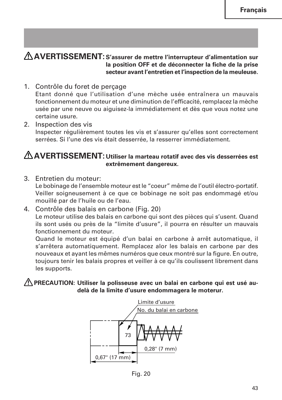 Entretien et inspection, Avertissement | Hitachi DH 30PC User Manual | Page 43 / 76