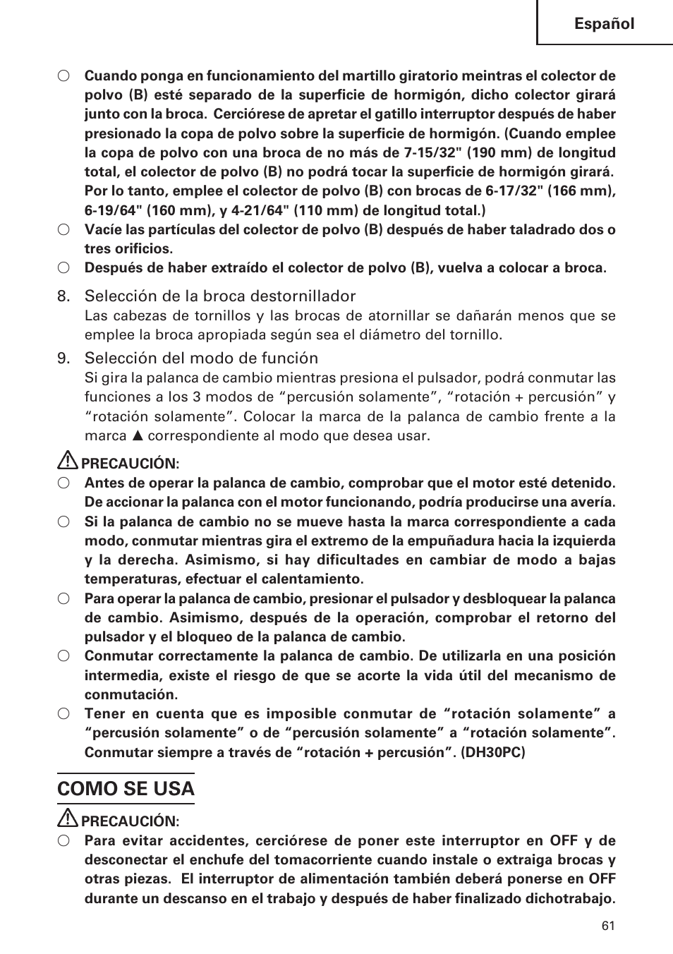 Como se usa | Hitachi DH 30PC User Manual | Page 61 / 76