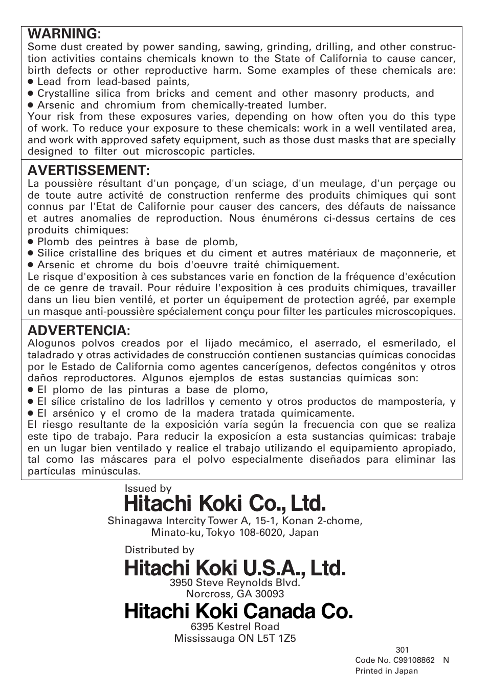 Hitachi koki canada co, Warning, Avertissement | Advertencia | Hitachi DH 30PC User Manual | Page 76 / 76