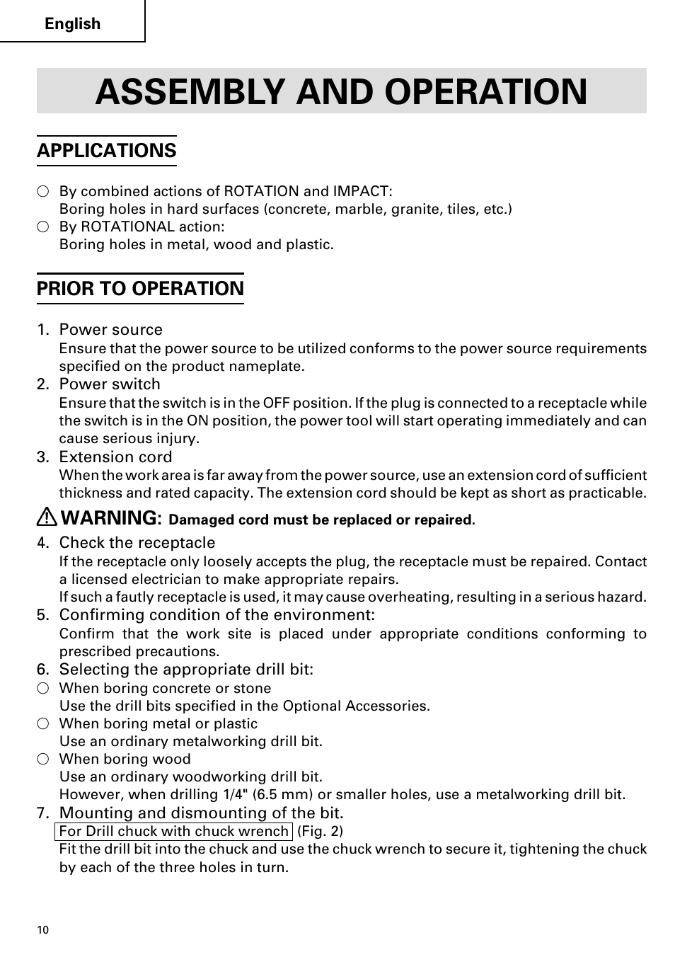 Assembly and operation, Applications, Prior to operation | Warning | Hitachi DV 20VB User Manual | Page 10 / 44