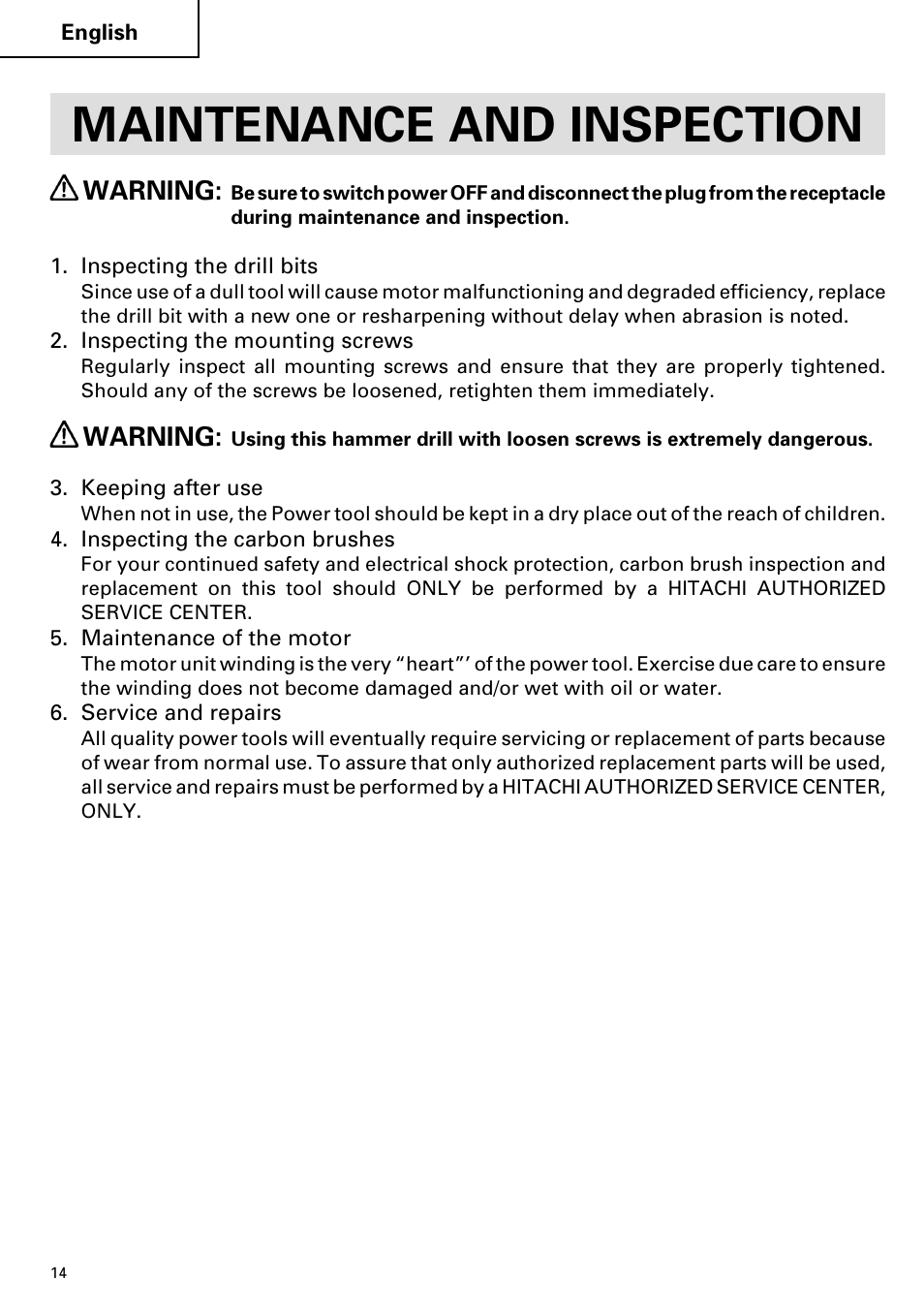 Maintenance and inspection, Warning | Hitachi DV 20VB User Manual | Page 14 / 44