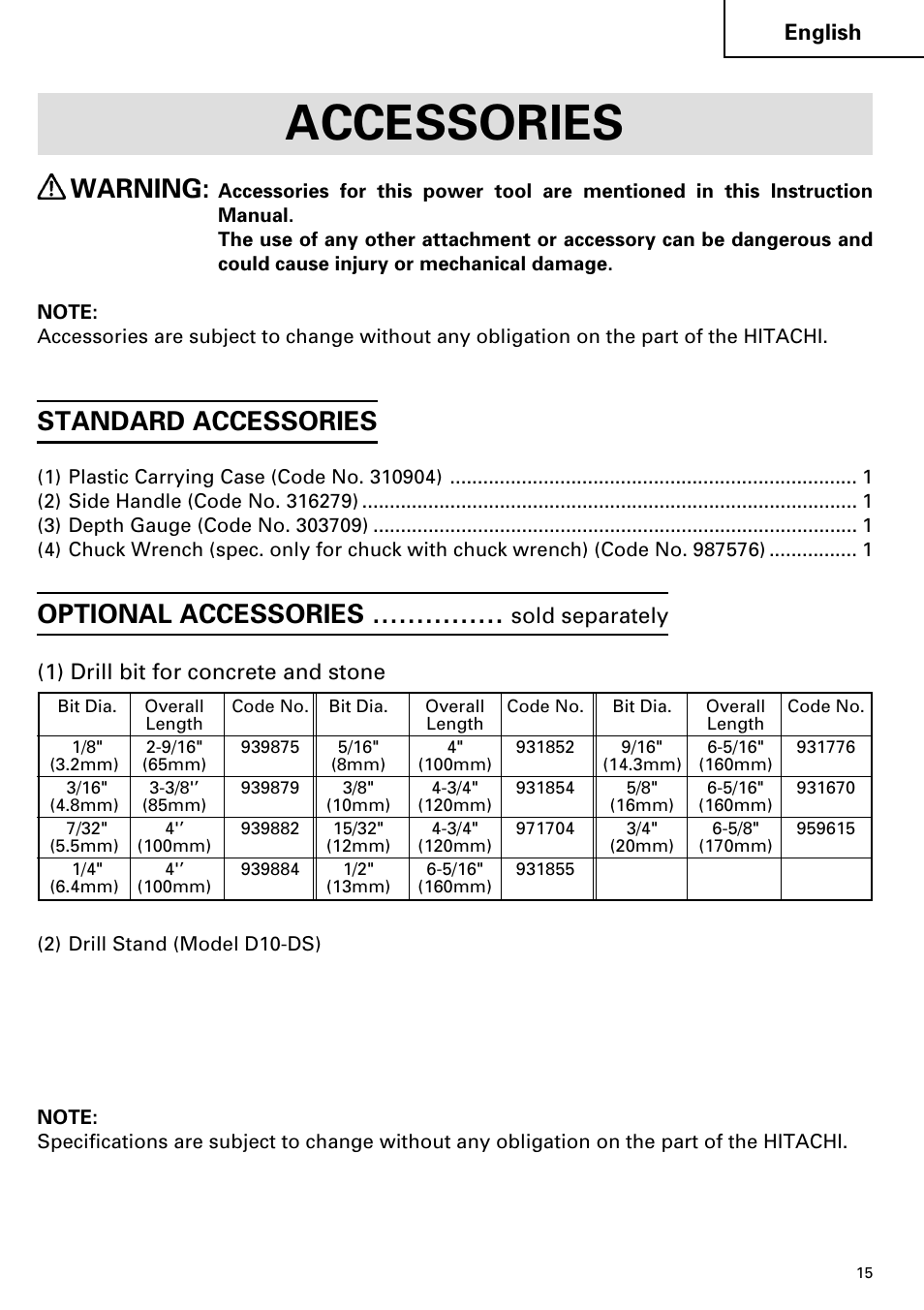 Accessories, Optional accessories, Warning | Standard accessories | Hitachi DV 20VB User Manual | Page 15 / 44