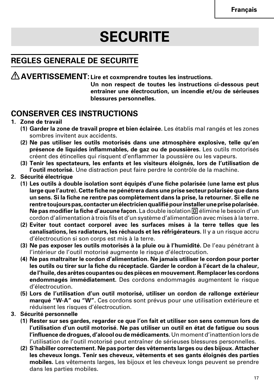 Securite, Regles generale de securite avertissement, Conserver ces instructions | Hitachi DV 20VB User Manual | Page 17 / 44