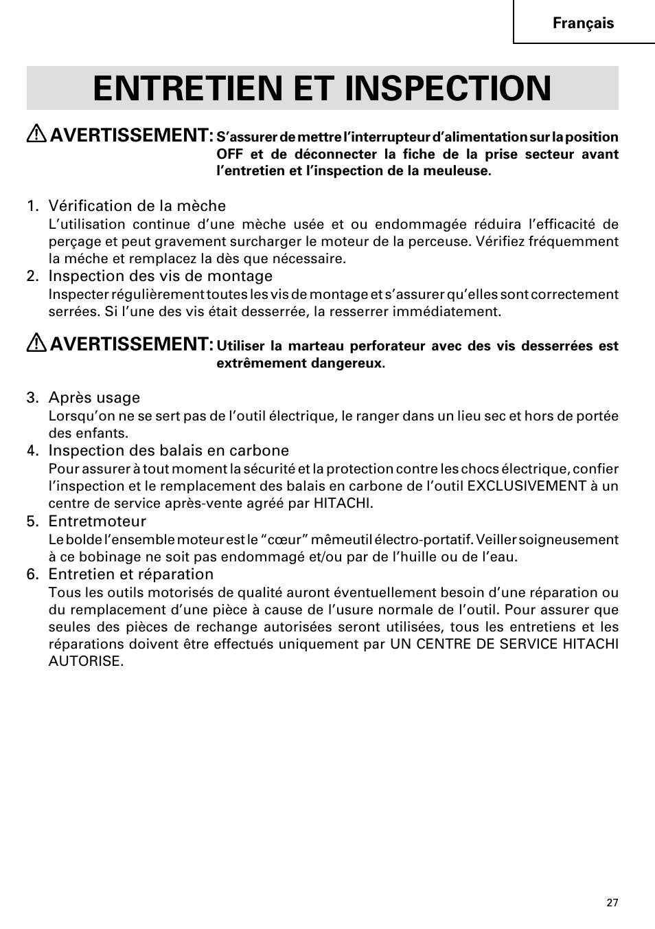 Entretien et inspection, Avertissement | Hitachi DV 20VB User Manual | Page 27 / 44