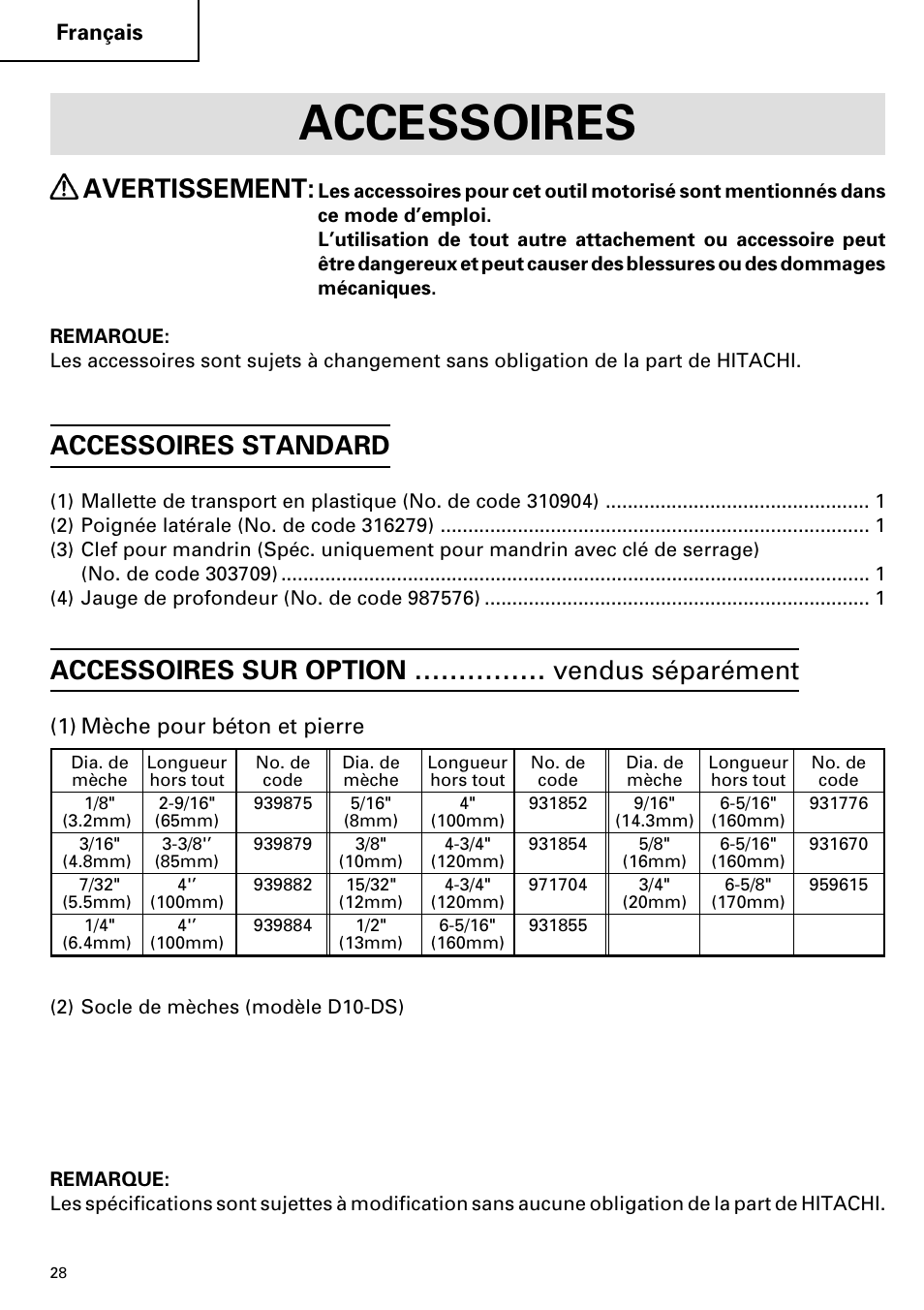 Accessoires, Avertissement, Accessoires standard | Accessoires sur option …………… vendus séparément | Hitachi DV 20VB User Manual | Page 28 / 44