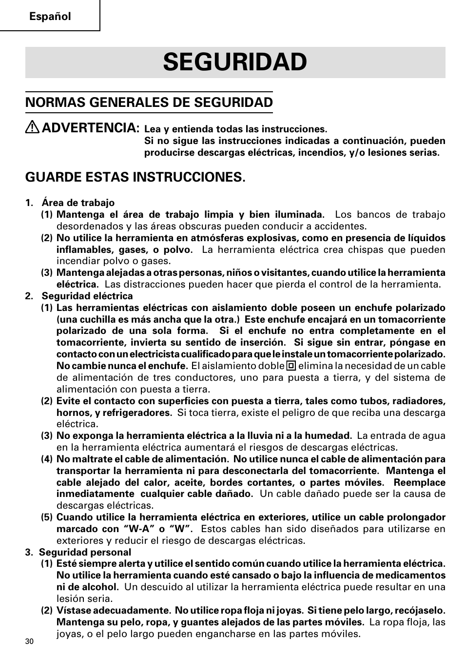 Seguridad, Normas generales de seguridad advertencia, Guarde estas instrucciones | Hitachi DV 20VB User Manual | Page 30 / 44