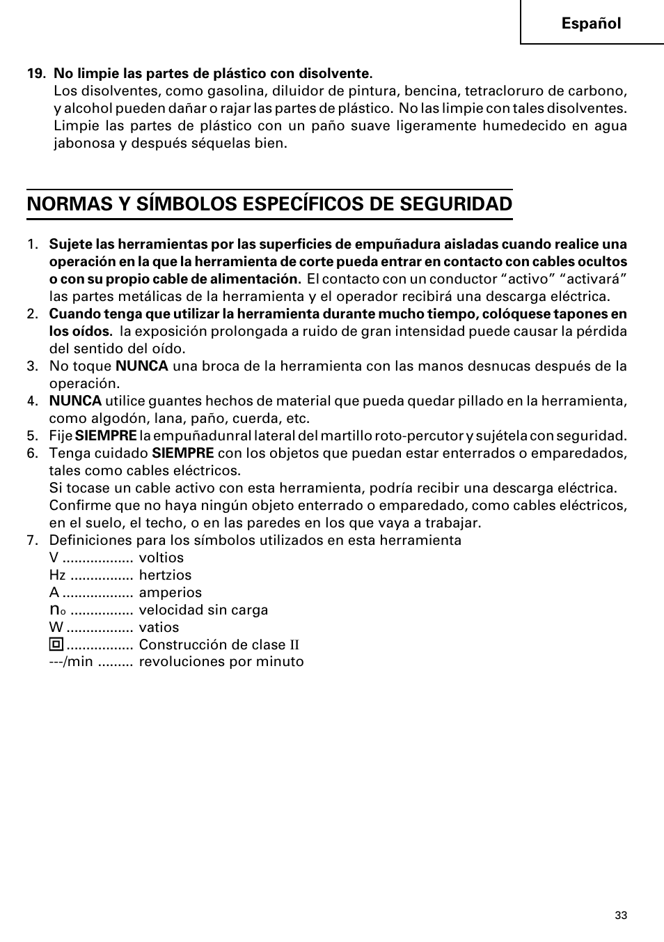 Normas y símbolos específicos de seguridad | Hitachi DV 20VB User Manual | Page 33 / 44