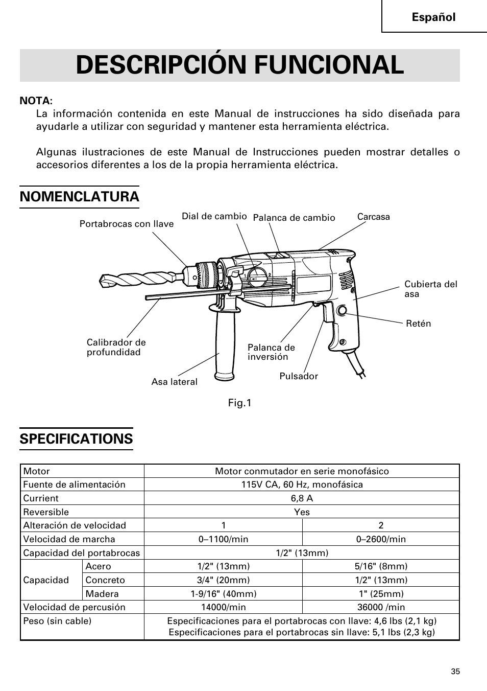 Descripción funcional, Nomenclatura specifications | Hitachi DV 20VB User Manual | Page 35 / 44