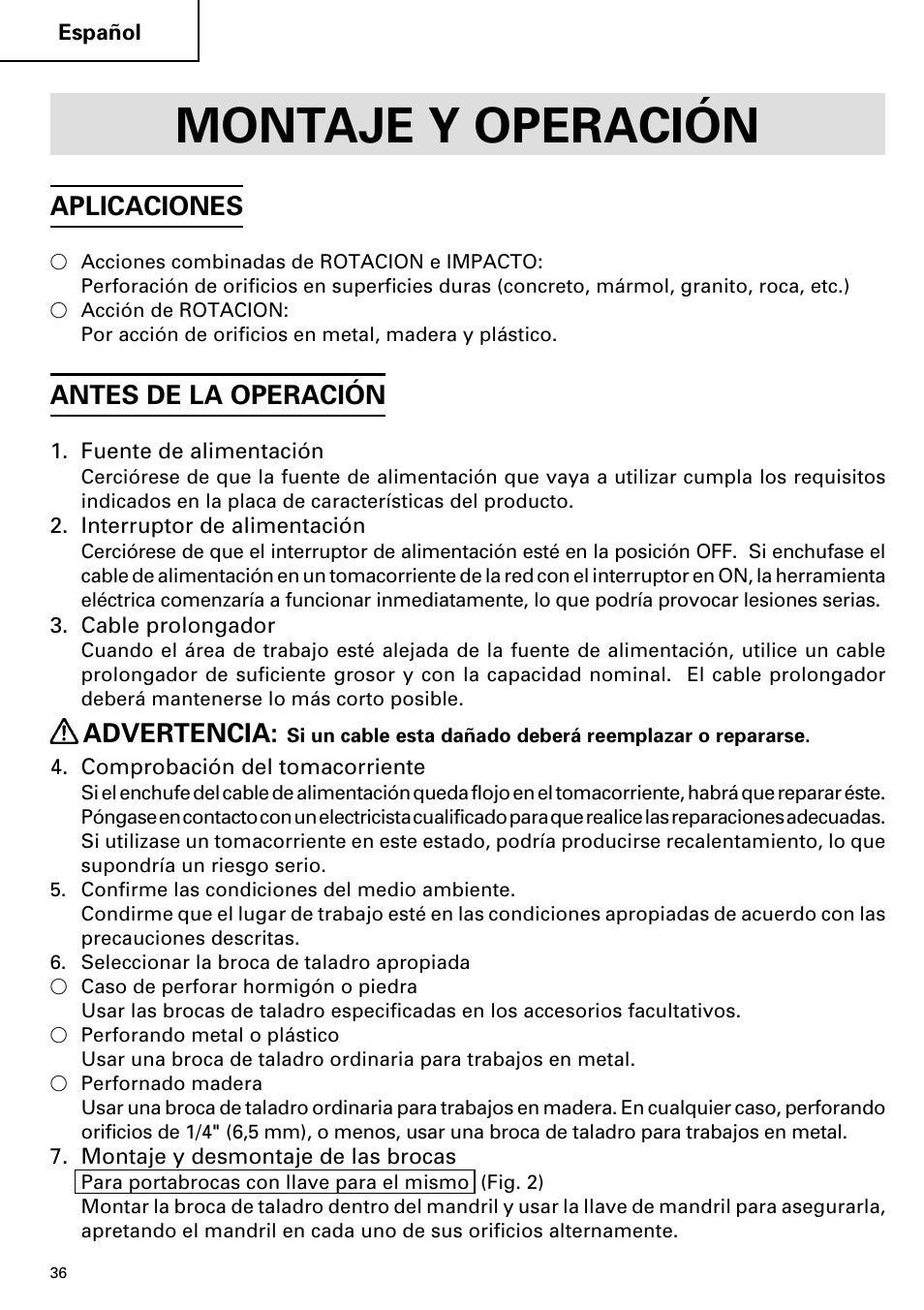 Montaje y operación, Aplicaciones, Antes de la operación | Advertencia | Hitachi DV 20VB User Manual | Page 36 / 44