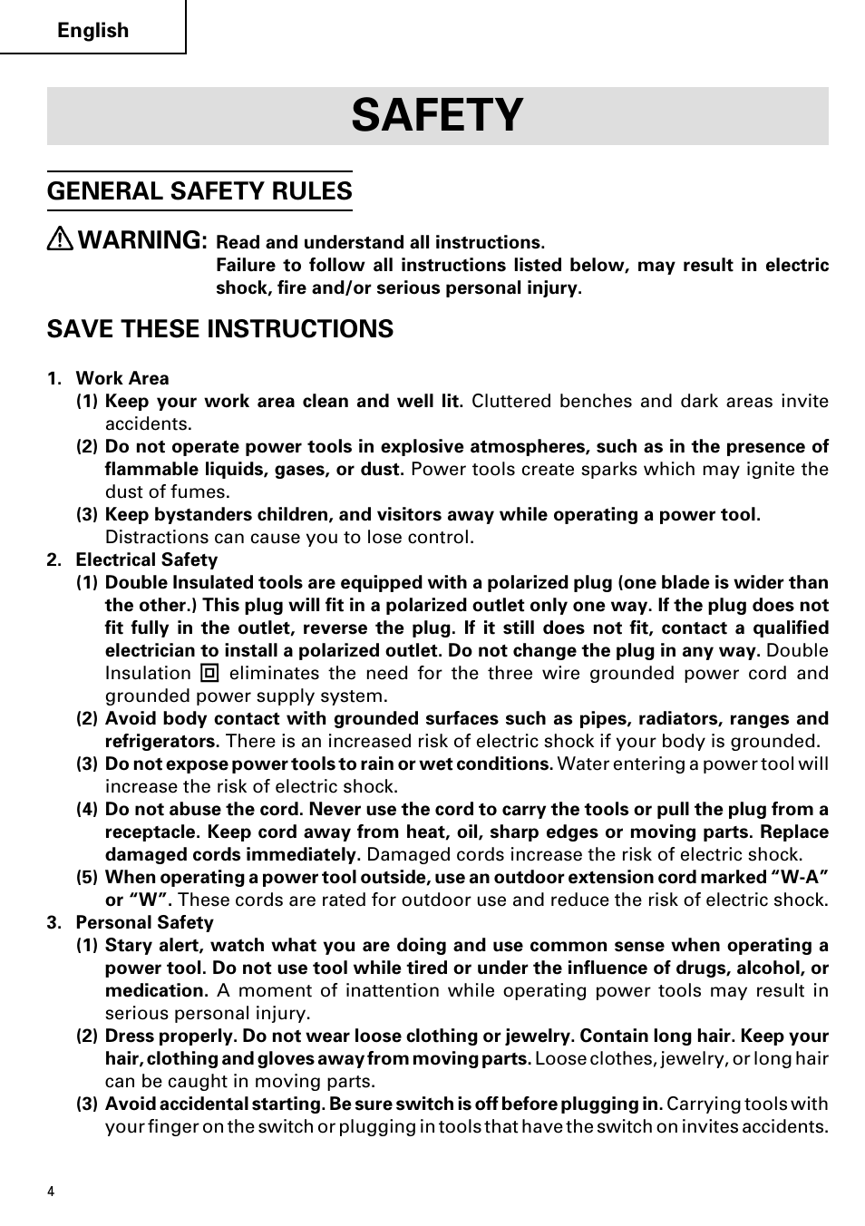 Safety, General safety rules warning, Save these instructions | Hitachi DV 20VB User Manual | Page 4 / 44