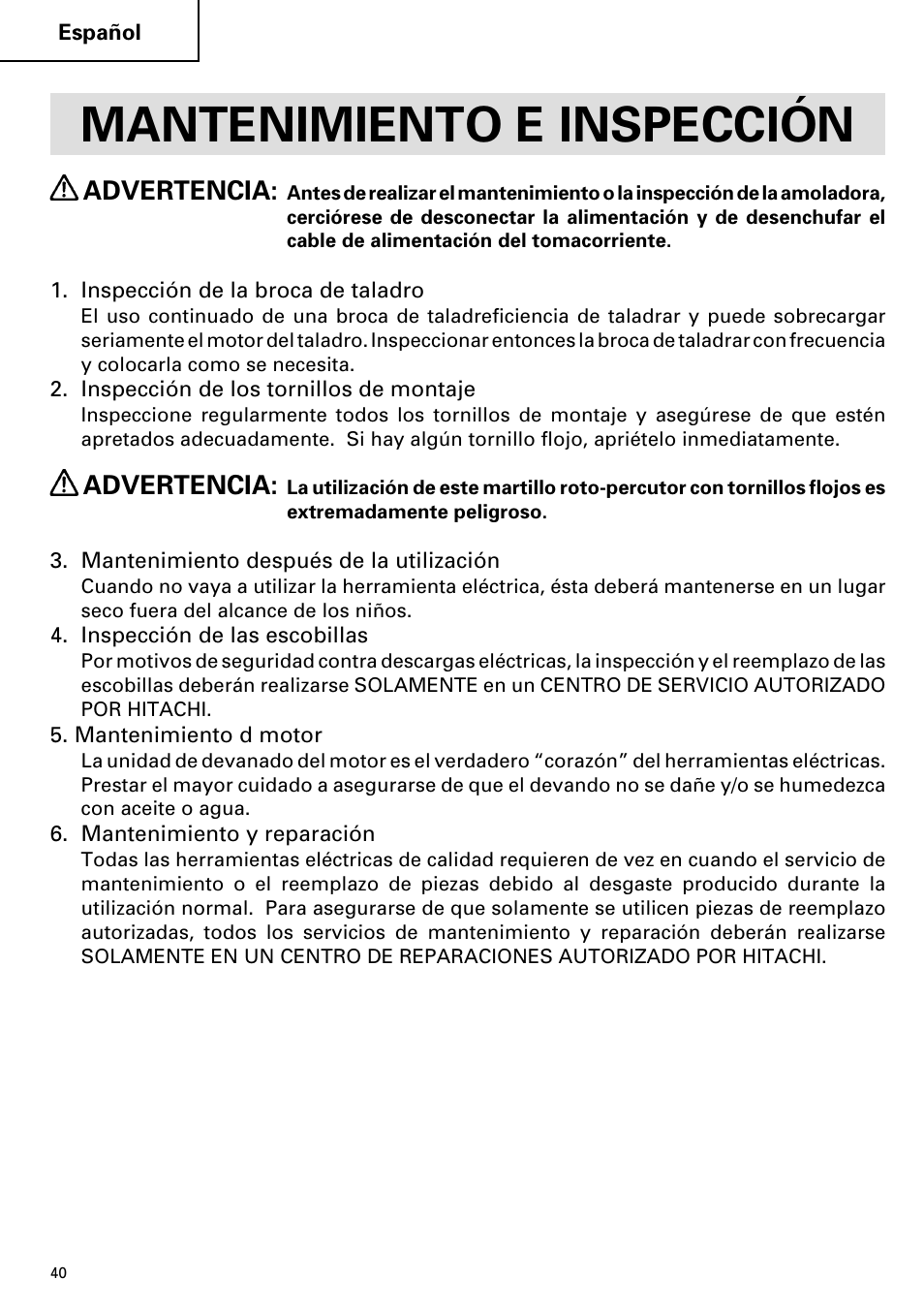 Mantenimiento e inspección, Advertencia | Hitachi DV 20VB User Manual | Page 40 / 44