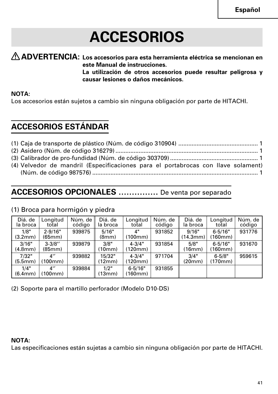 Accesorios, Advertencia, Accesorios estándar | Accesorios opcionales | Hitachi DV 20VB User Manual | Page 41 / 44