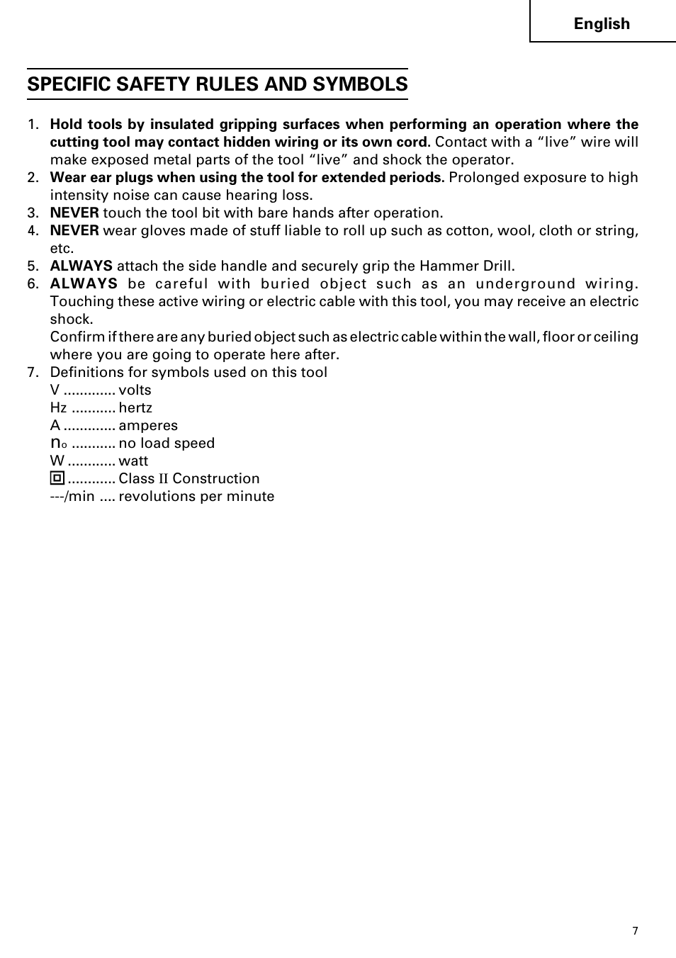 Specific safety rules and symbols | Hitachi DV 20VB User Manual | Page 7 / 44