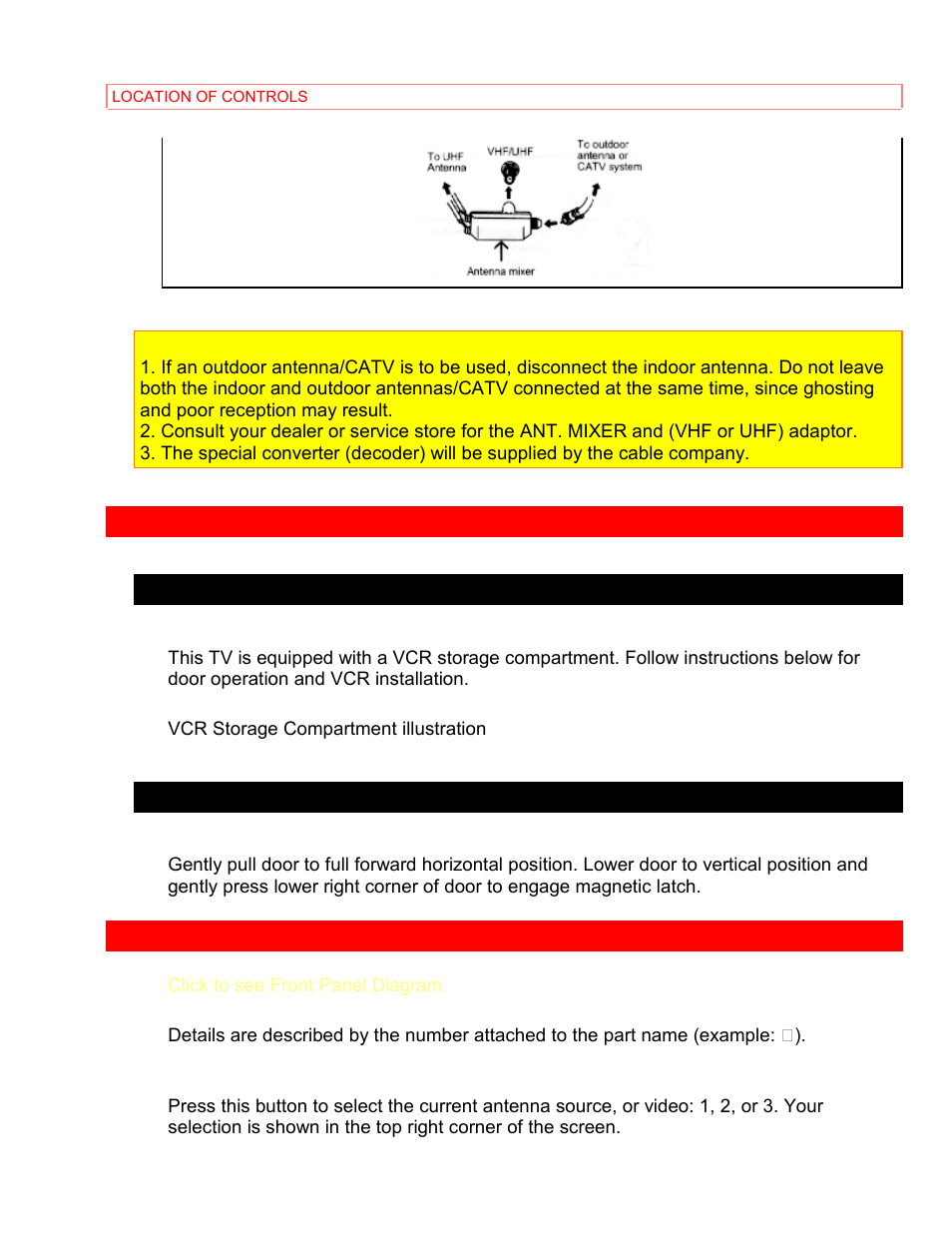 Location of controls, Vcr storage compartment to close door, Front panel controls | Hitachi 35TX69K User Manual | Page 11 / 40