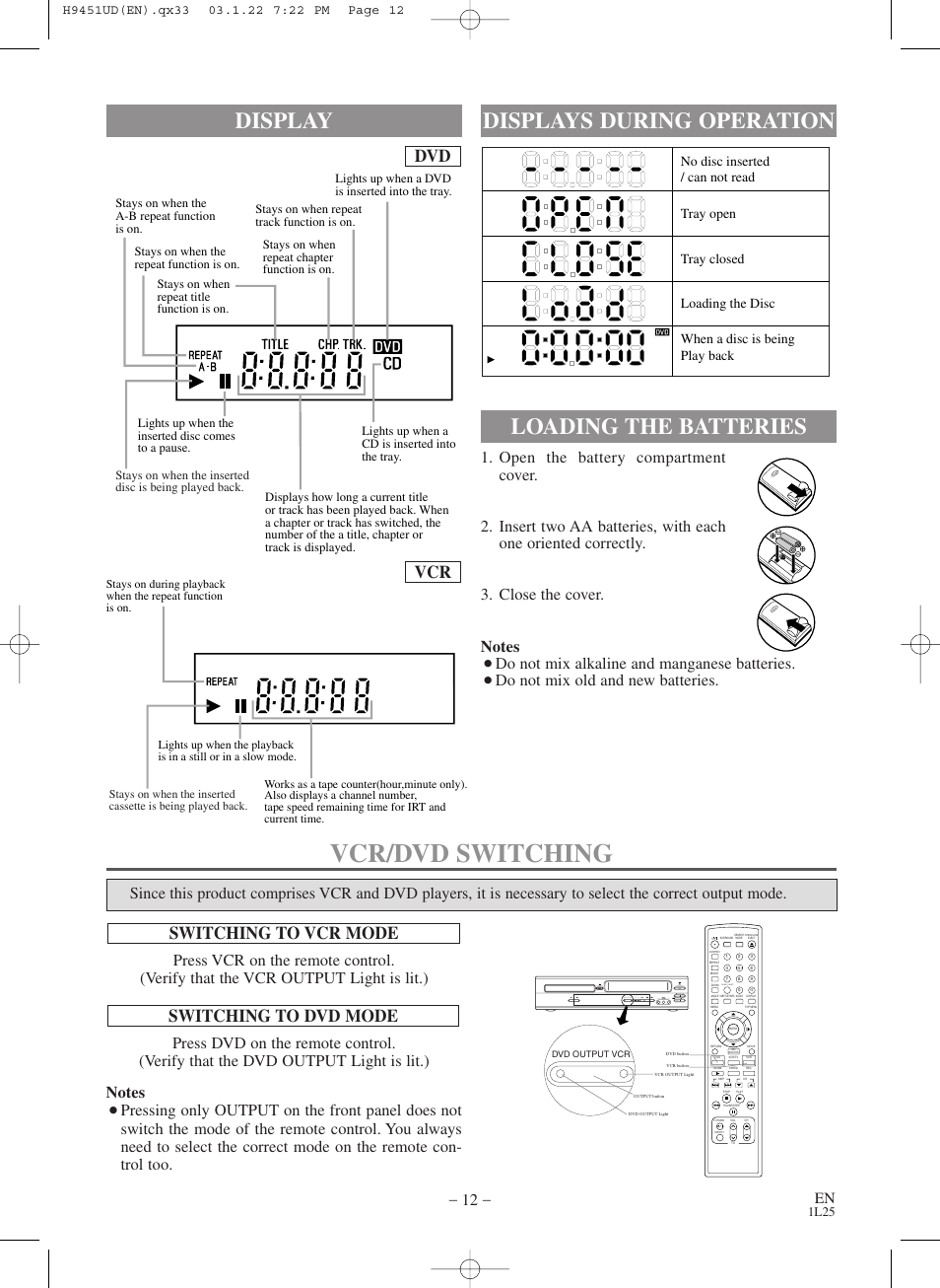 Vcr/dvd switching, Dvd vcr, Switching to vcr mode | Switching to dvd mode, Do not mix alkaline and manganese batteries, Do not mix old and new batteries, Clear/c. reset | Hitachi DVPF73U User Manual | Page 12 / 44