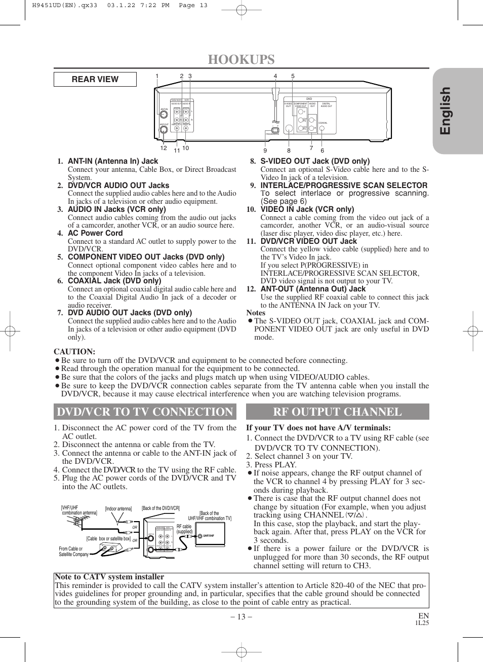 English, Hookups, Dvd/vcr to tv connection | Rf output channel, Caution, Rear view | Hitachi DVPF73U User Manual | Page 13 / 44