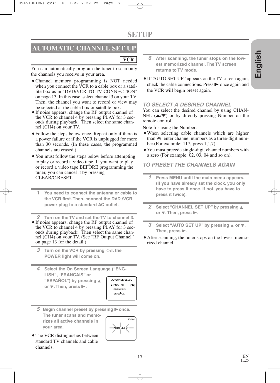 English, Setup, Automatic channel set up | Hitachi DVPF73U User Manual | Page 17 / 44