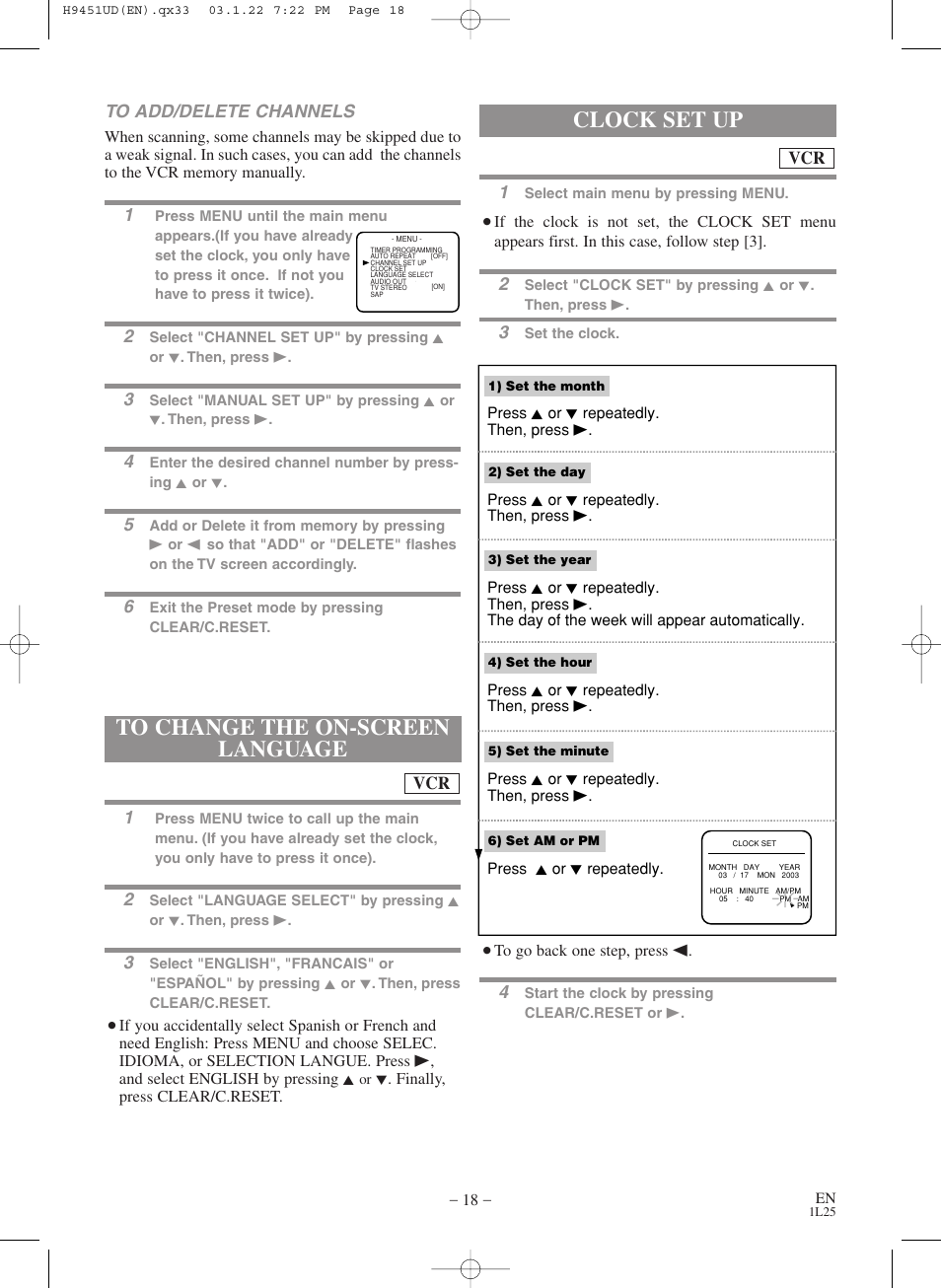 Clock set up, Vcr to add/delete channels | Hitachi DVPF73U User Manual | Page 18 / 44