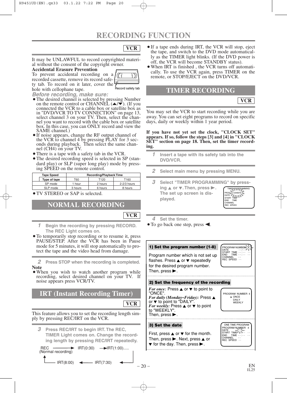 Recording function, Irt (instant recording timer), Timer recording | Normal recording, Before recording, make sure | Hitachi DVPF73U User Manual | Page 20 / 44