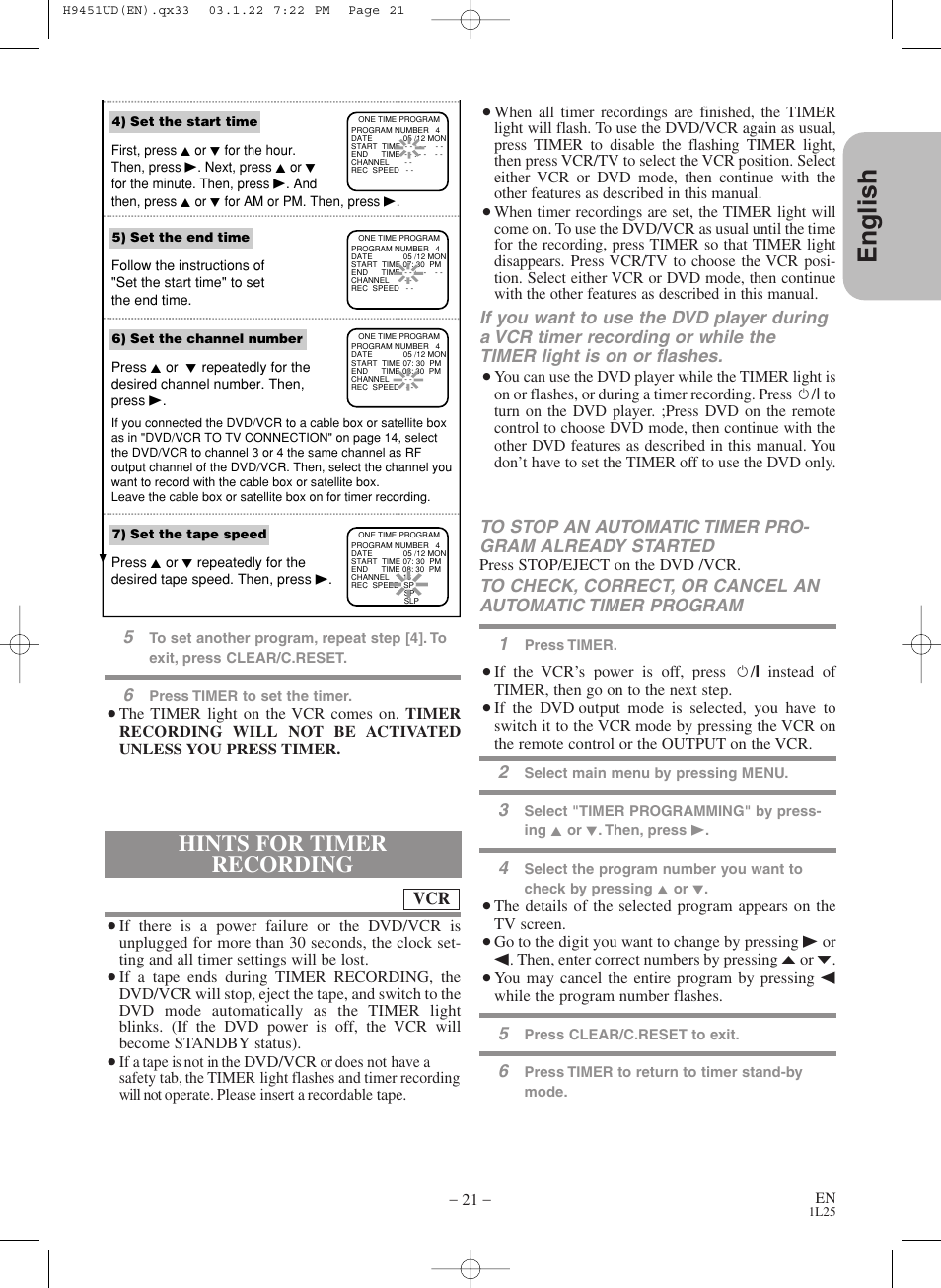 English, Hints for timer recording | Hitachi DVPF73U User Manual | Page 21 / 44