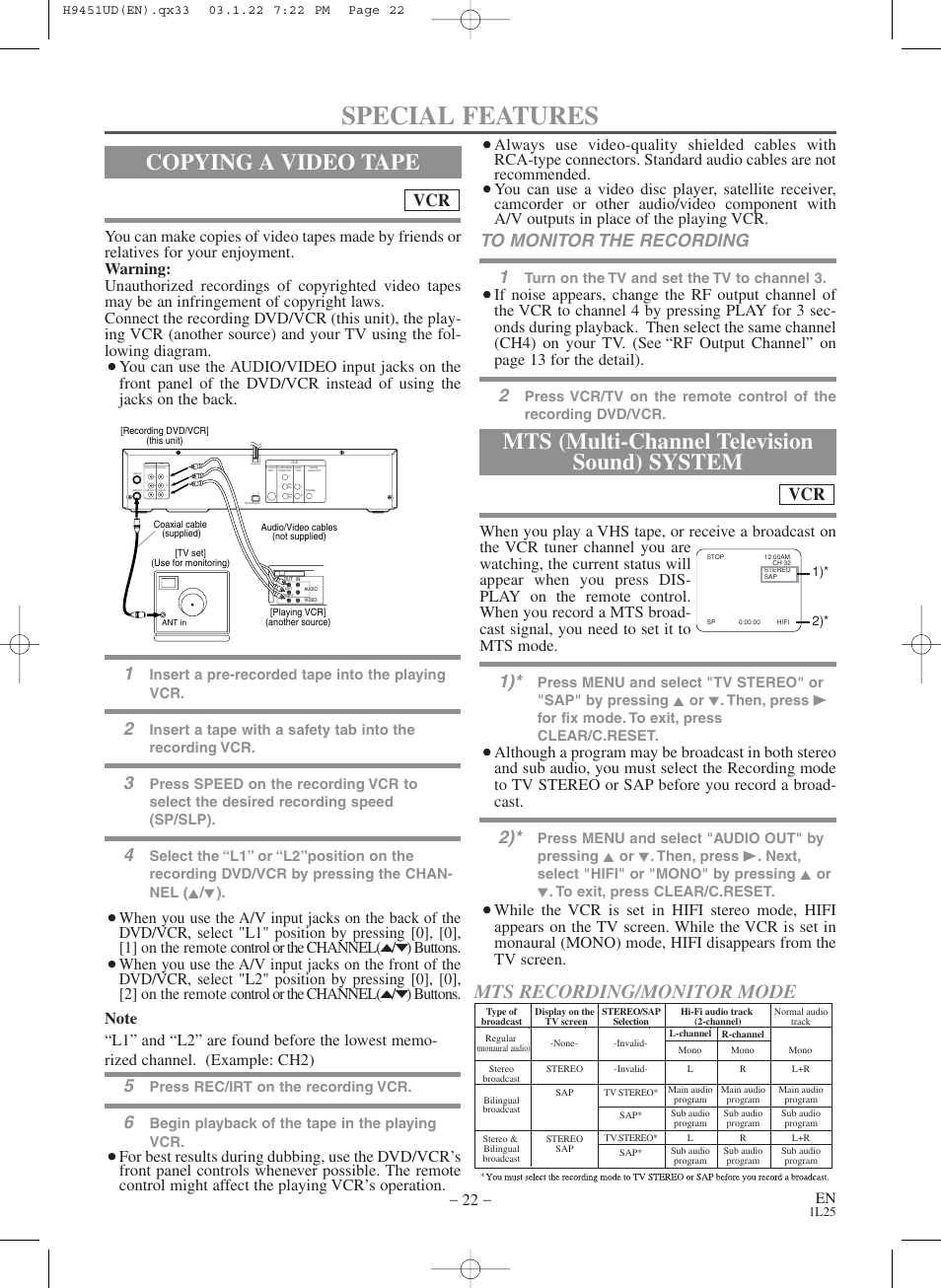Special features, Copying a video tape, Mts (multi-channel television sound) system | Mts recording/monitor mode, Insert a pre-recorded tape into the playing vcr, Press rec/irt on the recording vcr, Begin playback of the tape in the playing vcr, Turn on the tv and set the tv to channel 3 | Hitachi DVPF73U User Manual | Page 22 / 44
