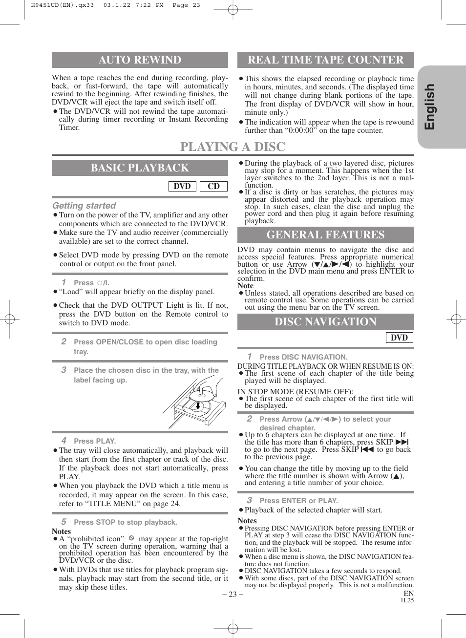 English, Playing a disc, Basic playback | Auto rewind, Real time tape counter, General features, Disc navigation | Hitachi DVPF73U User Manual | Page 23 / 44