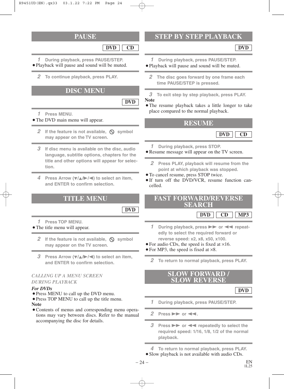 Title menu, Step by step playback, Resume | Disc menu, Pause | Hitachi DVPF73U User Manual | Page 24 / 44