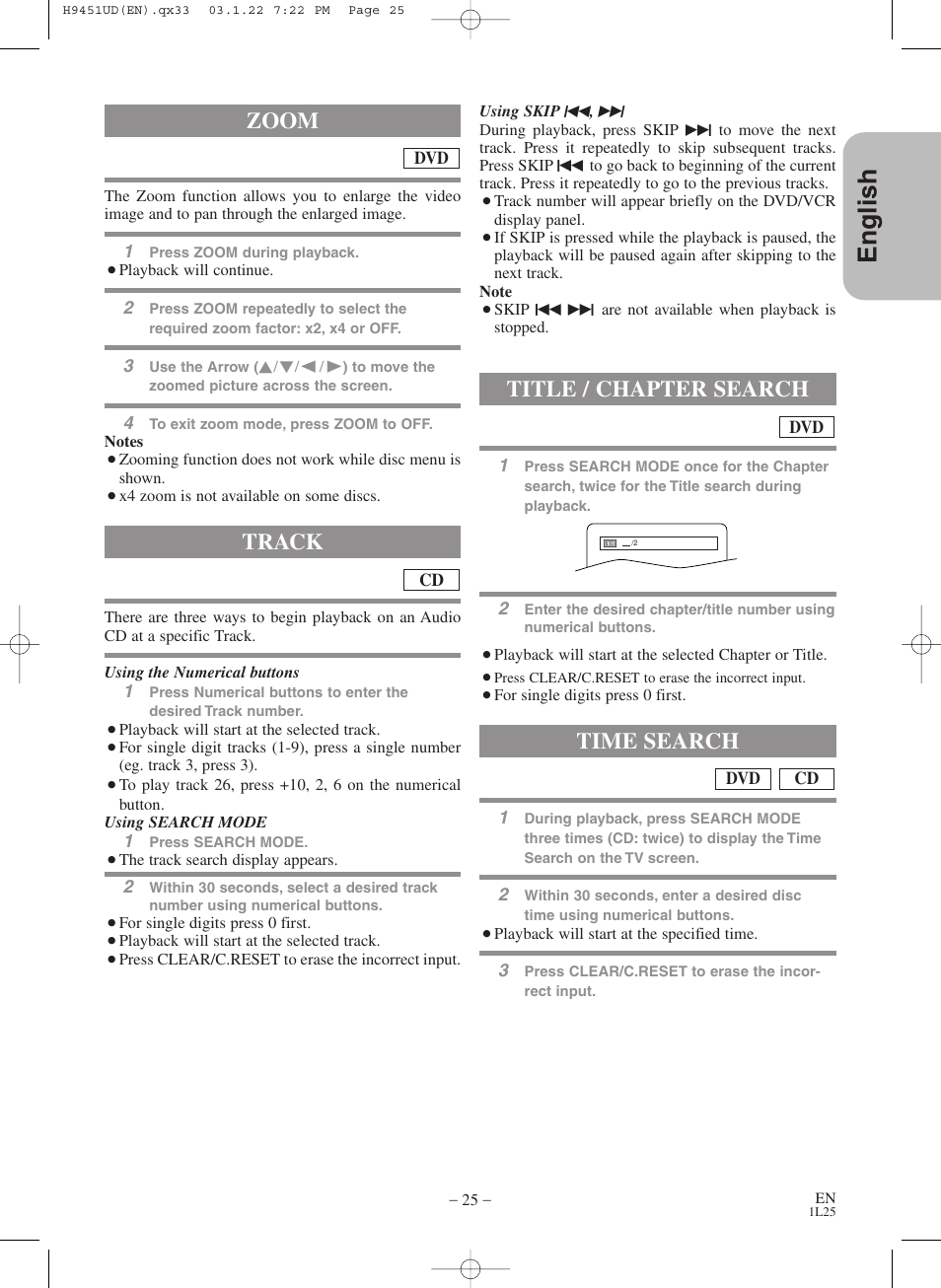 English, Track, Zoom | Title / chapter search, Time search | Hitachi DVPF73U User Manual | Page 25 / 44