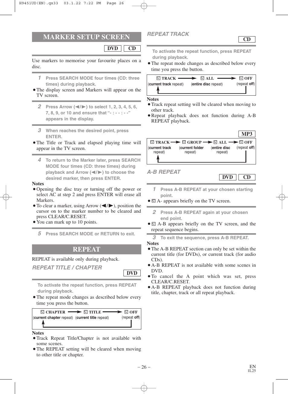 Marker setup screen, Repeat | Hitachi DVPF73U User Manual | Page 26 / 44