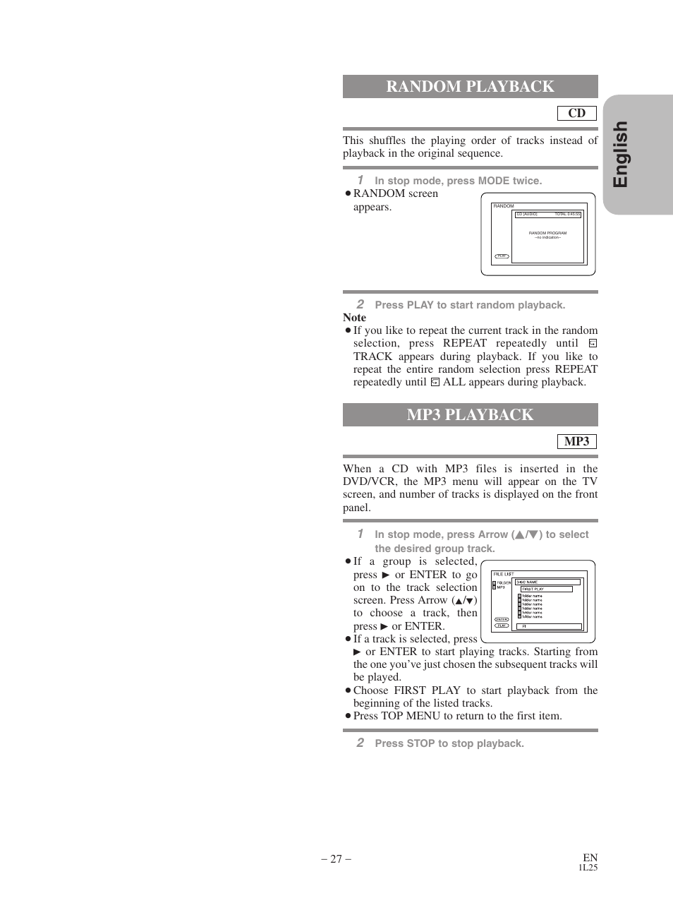 English, Random playback, Mp3 playback | Hitachi DVPF73U User Manual | Page 27 / 44