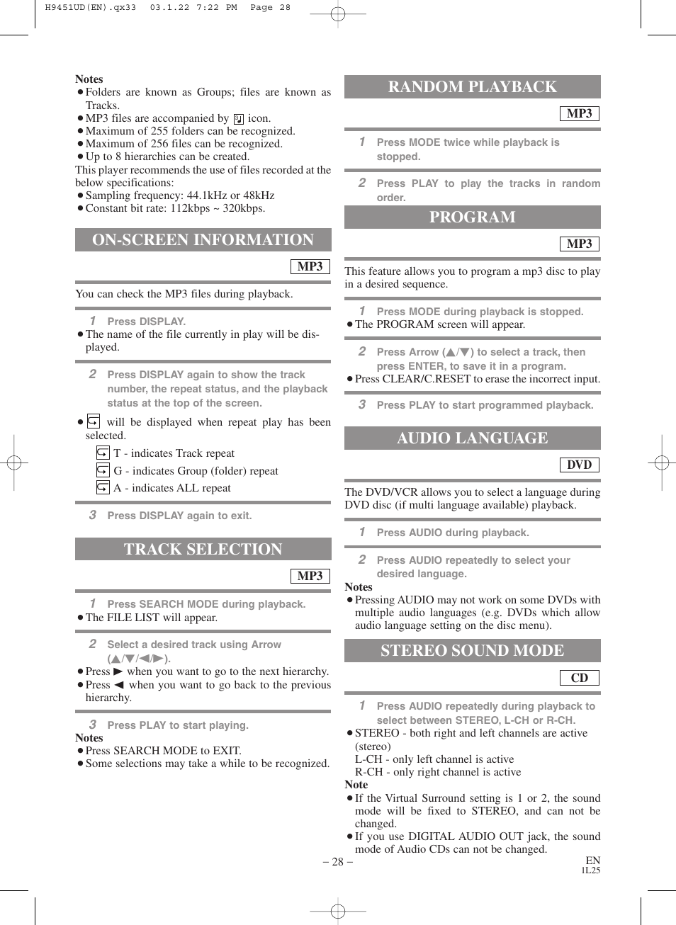 Random playback, Program audio language, Stereo sound mode | On-screen information, Track selection | Hitachi DVPF73U User Manual | Page 28 / 44