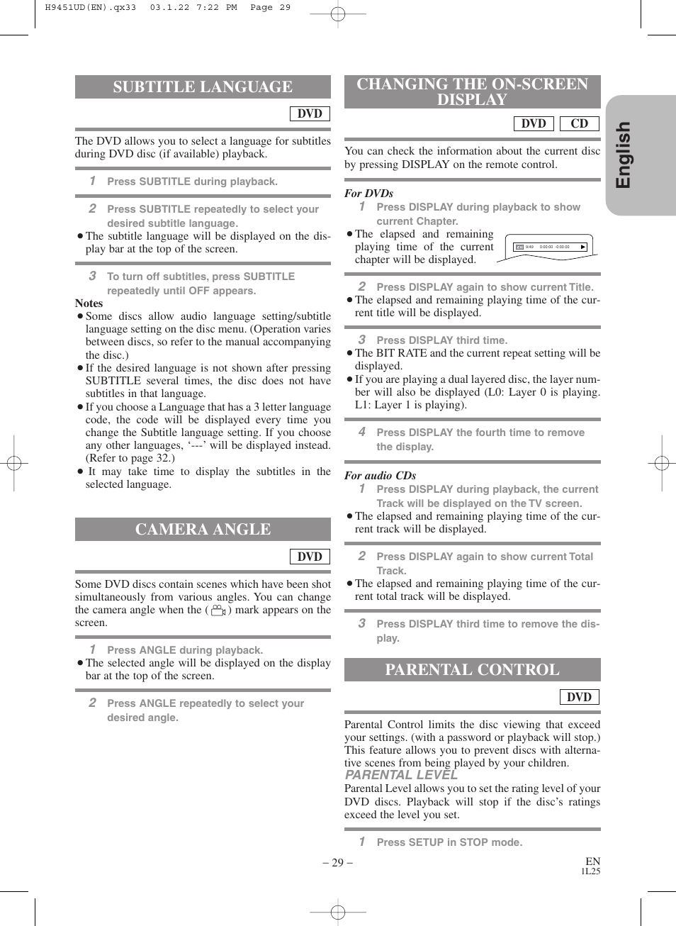 English, Changing the on-screen display, Subtitle language camera angle | Parental control | Hitachi DVPF73U User Manual | Page 29 / 44