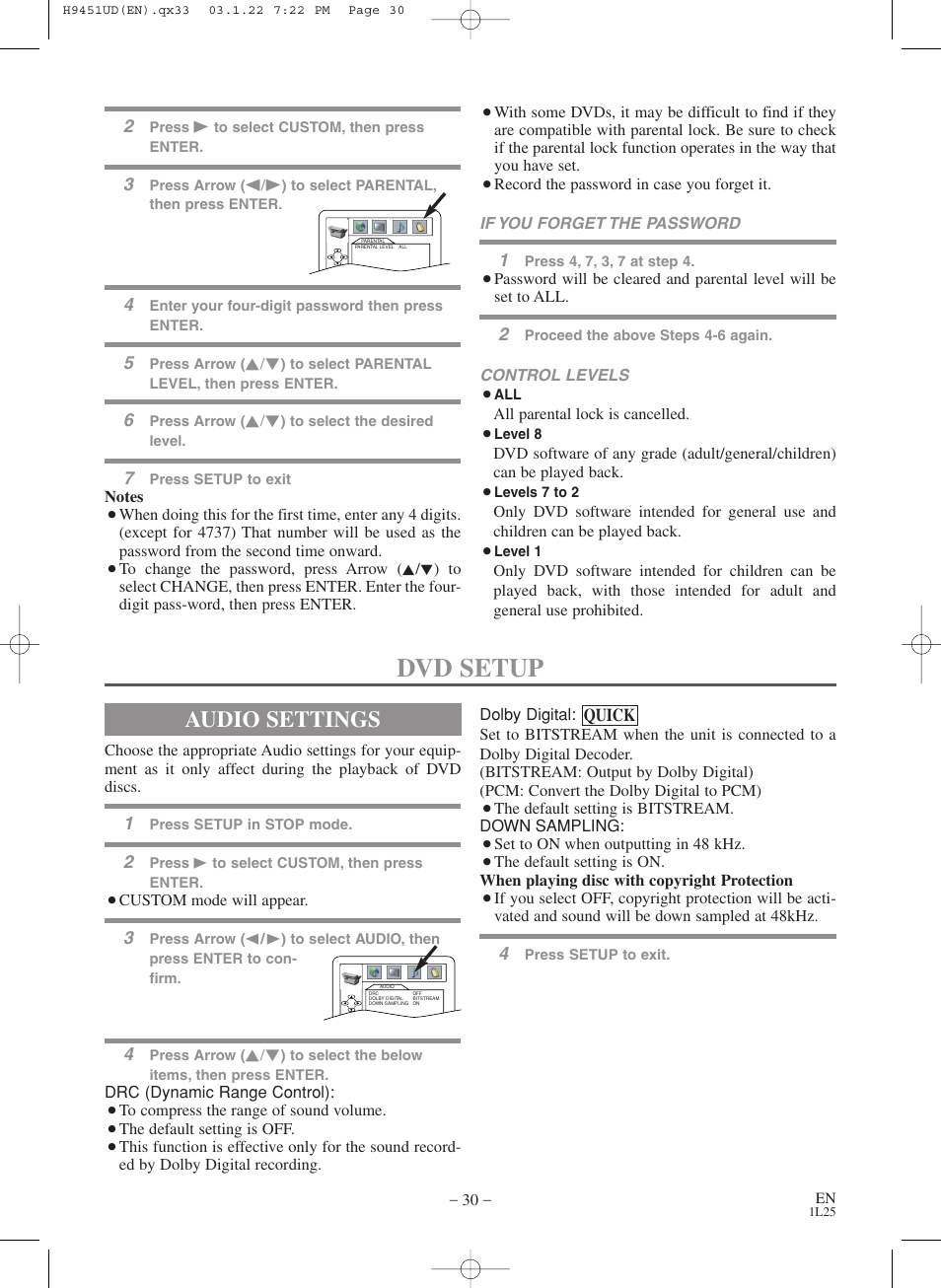 Dvd setup, Audio settings | Hitachi DVPF73U User Manual | Page 30 / 44