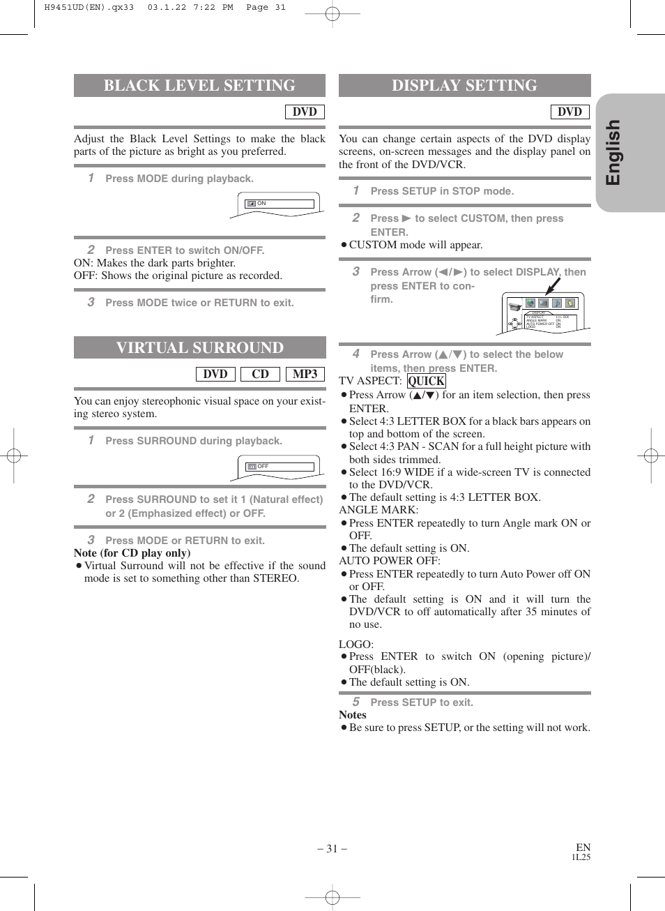 English, Black level setting, Virtual surround | Display setting | Hitachi DVPF73U User Manual | Page 31 / 44