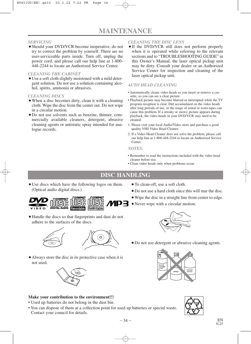 Maintenance, Disc handling | Hitachi DVPF73U User Manual | Page 34 / 44