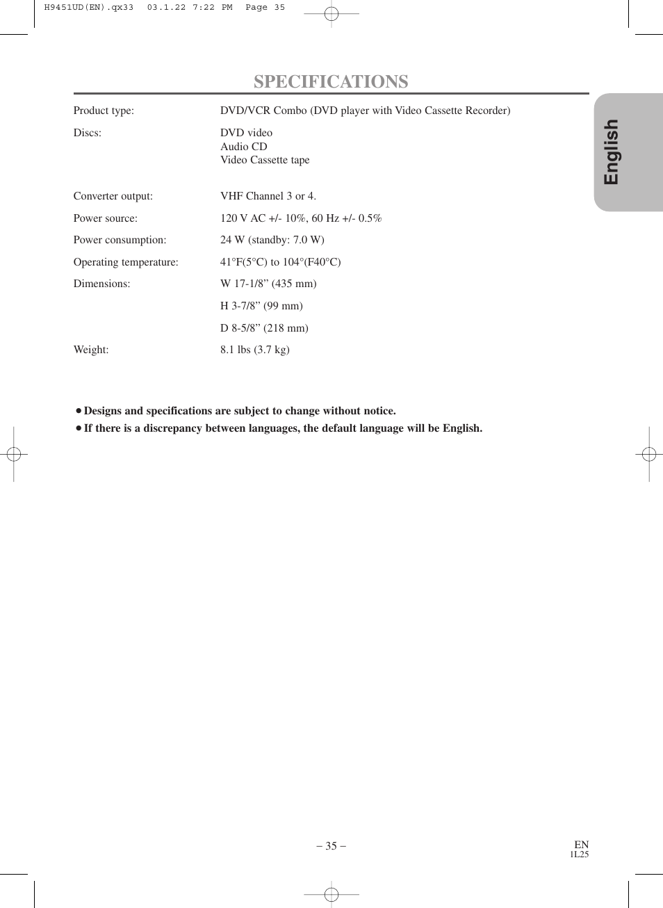 English specifications | Hitachi DVPF73U User Manual | Page 35 / 44