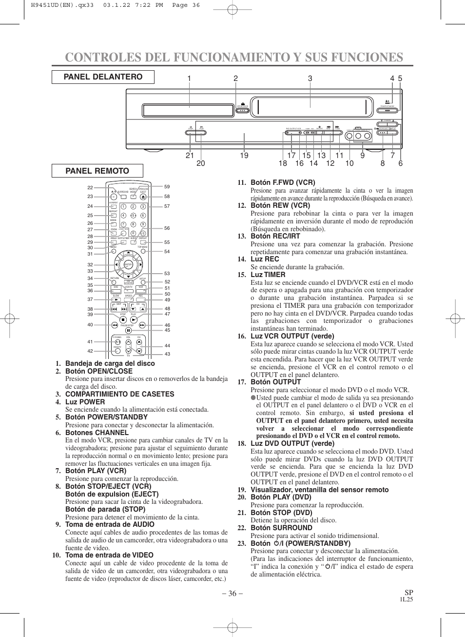 Controles del funcionamiento y sus funciones, Panel delantero panel remoto | Hitachi DVPF73U User Manual | Page 36 / 44