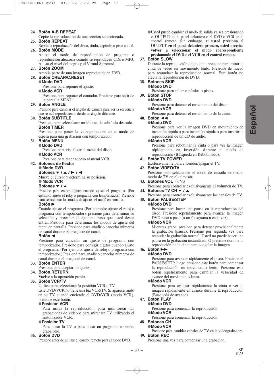 Espa ñ ol | Hitachi DVPF73U User Manual | Page 37 / 44