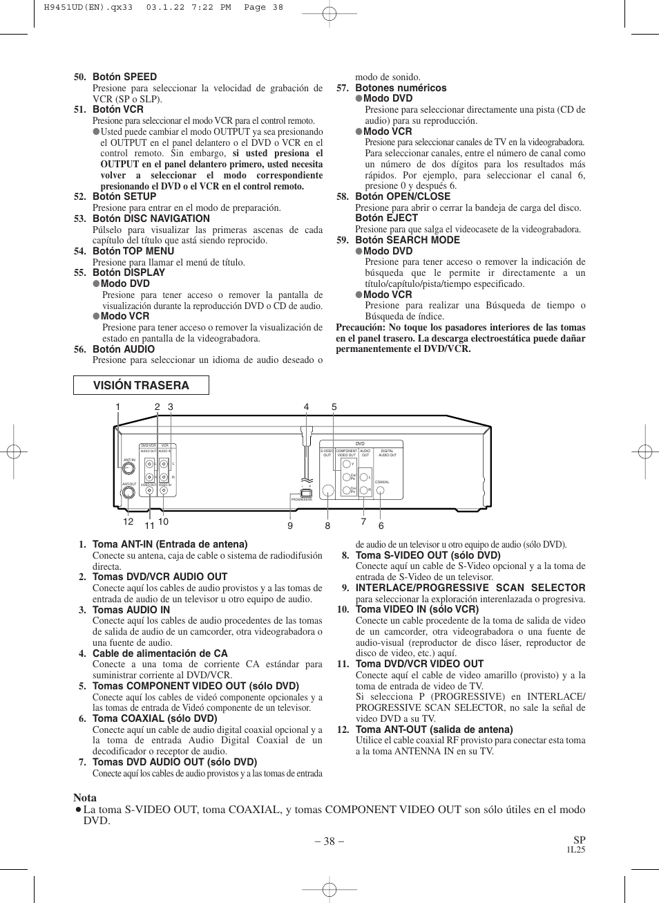 Visión trasera nota | Hitachi DVPF73U User Manual | Page 38 / 44