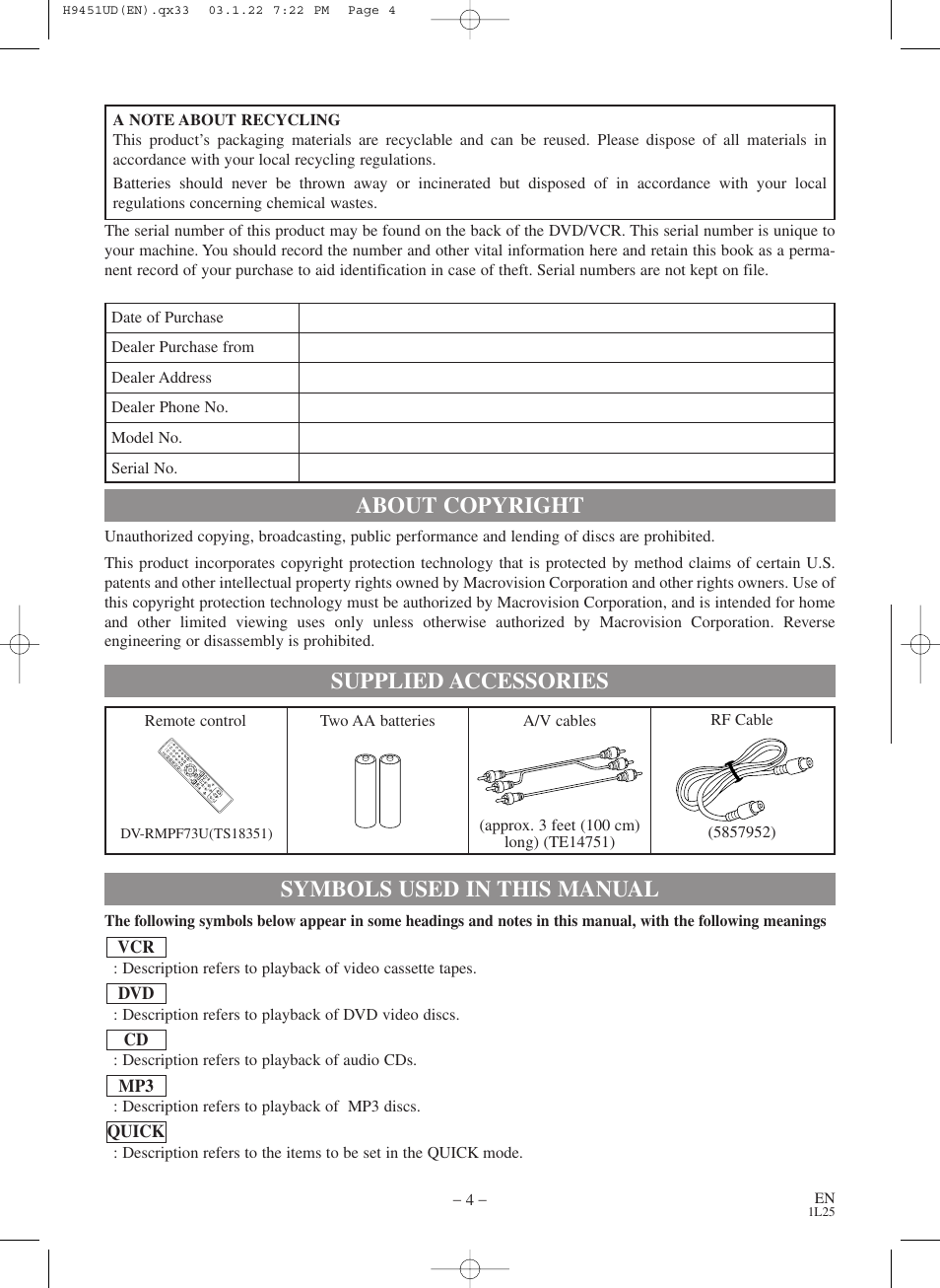 About copyright, Symbols used in this manual, Supplied accessories | Hitachi DVPF73U User Manual | Page 4 / 44