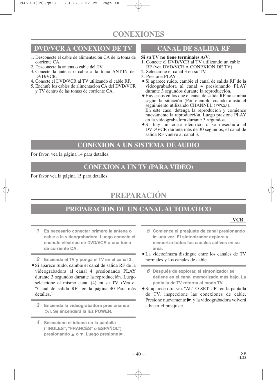 Conexiones, Preparación, Canal de salida rf | Conexion a un tv (para video), Preparacion de un canal automatico | Hitachi DVPF73U User Manual | Page 40 / 44