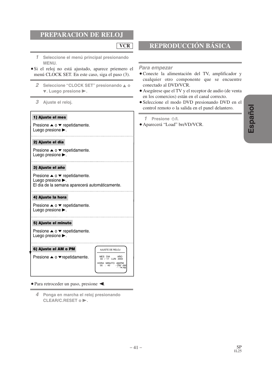 Espa ñ ol, Preparacion de reloj, Reproducción básica | Hitachi DVPF73U User Manual | Page 41 / 44