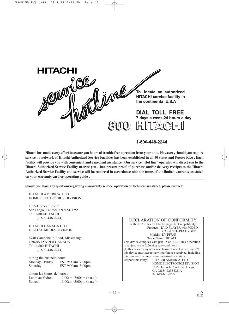 Declaration of conformity | Hitachi DVPF73U User Manual | Page 42 / 44