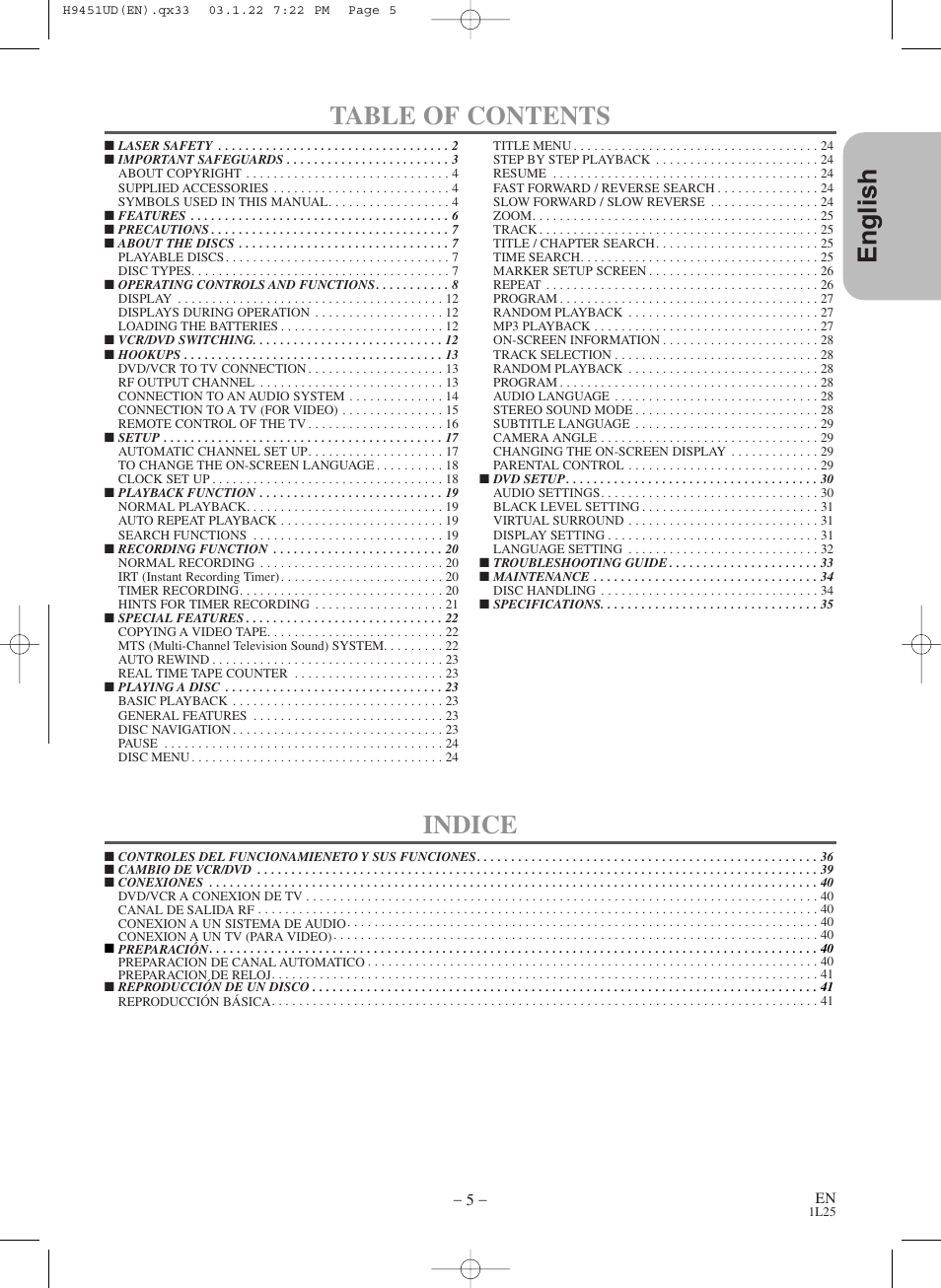 English table of contents, Indice | Hitachi DVPF73U User Manual | Page 5 / 44