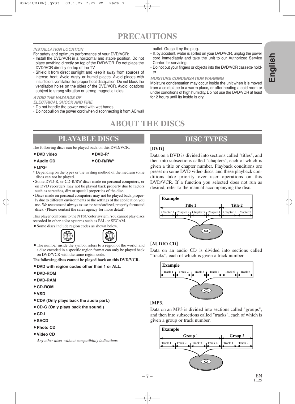 English about the discs, Precautions, Playable discs | Disc types | Hitachi DVPF73U User Manual | Page 7 / 44