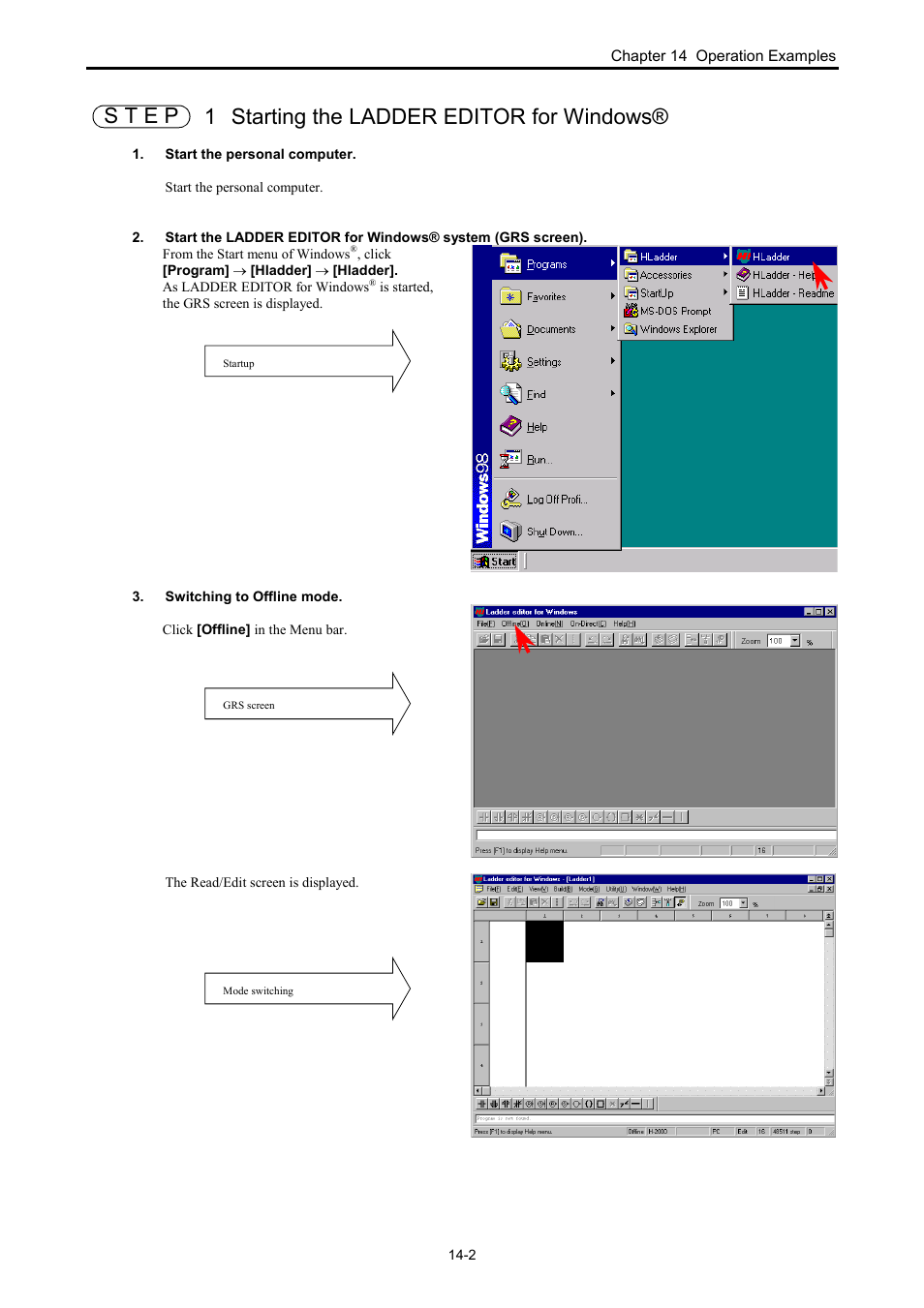 Step 1 starting the ladder editor for windows(r) | Hitachi NJI-350B User Manual | Page 293 / 319