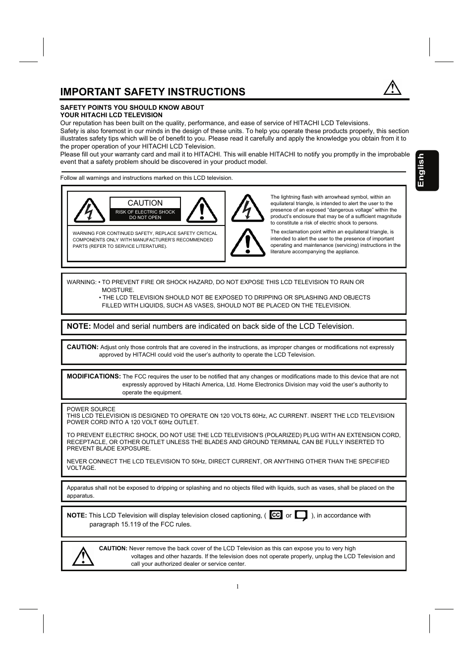 Important safety instructions | Hitachi 32HDL52 User Manual | Page 3 / 53