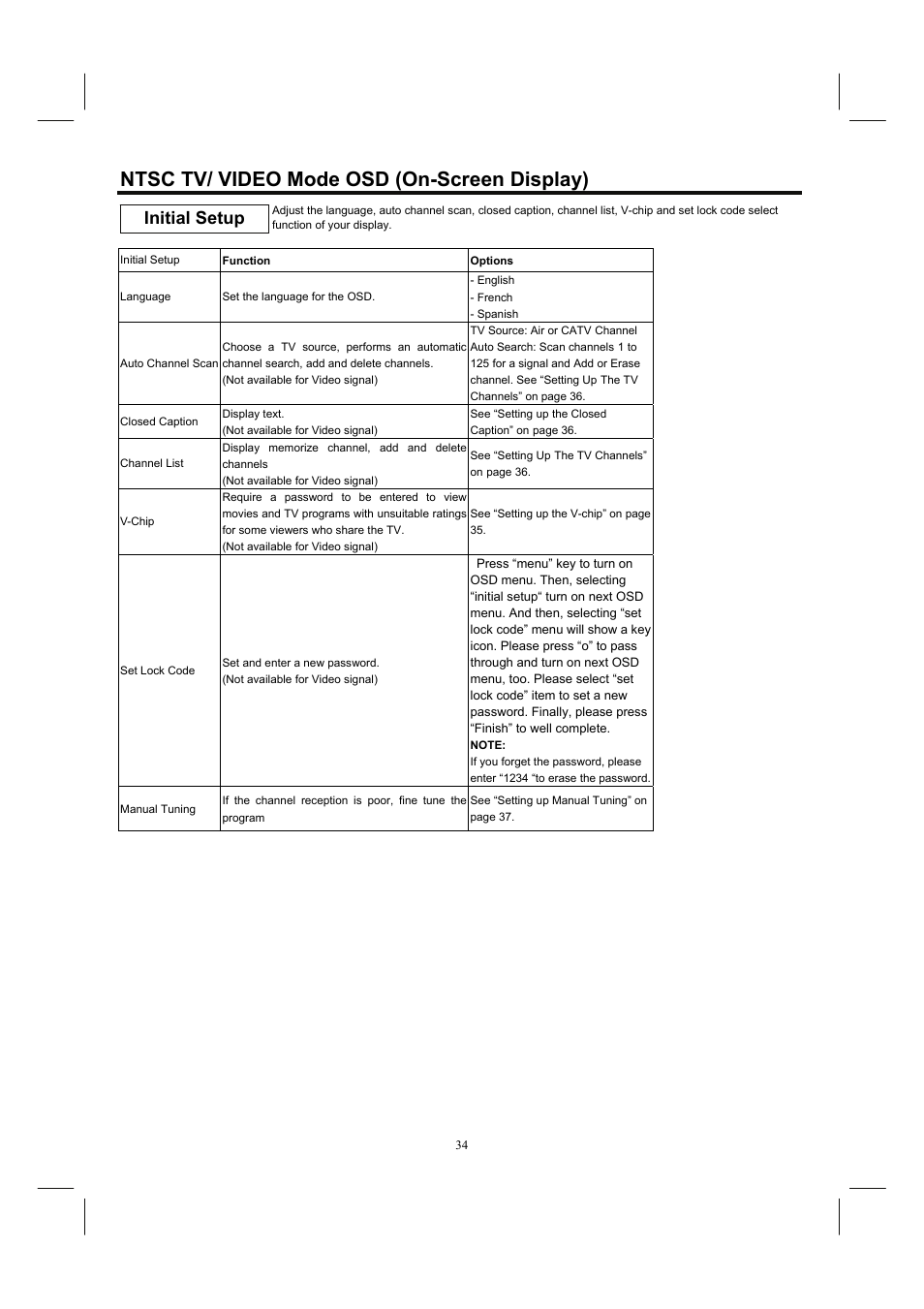 Ntsc tv/ video mode osd (on-screen display), Initial setup | Hitachi 32HDL52 User Manual | Page 36 / 53