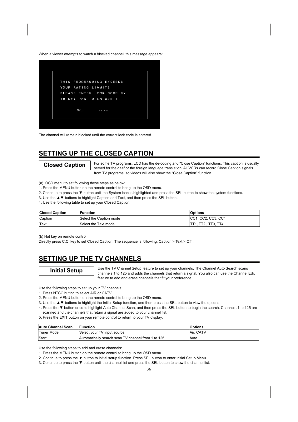 Setting up the closed caption, Setting up the tv channels, Closed caption initial setup | Hitachi 32HDL52 User Manual | Page 38 / 53